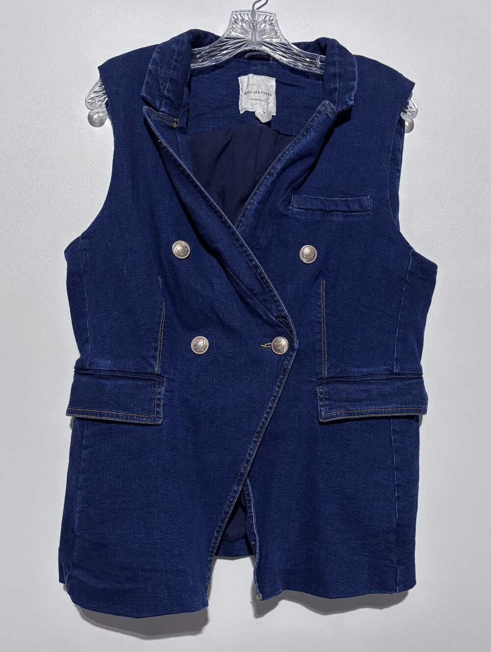 Avec Les Filles Denim Vest Large Double Breasted Sleeveless
